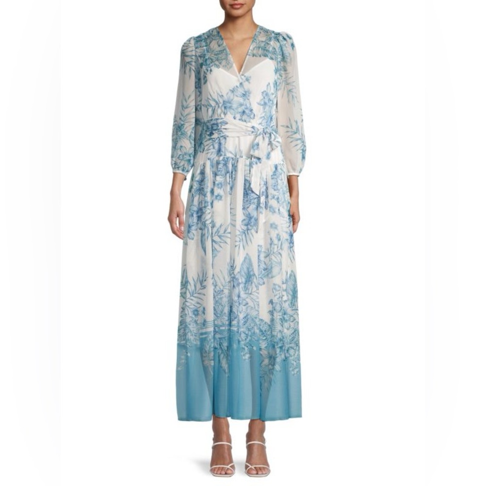 Calvin Klein Blue and White Floral Long Sleeve Dress